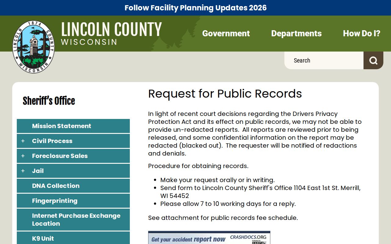 Lincoln County booking record request route at the Sheriff’s Office