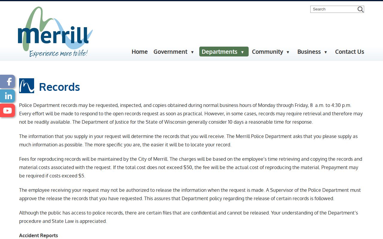 Merrill Police records page for a Merrill arrest record request